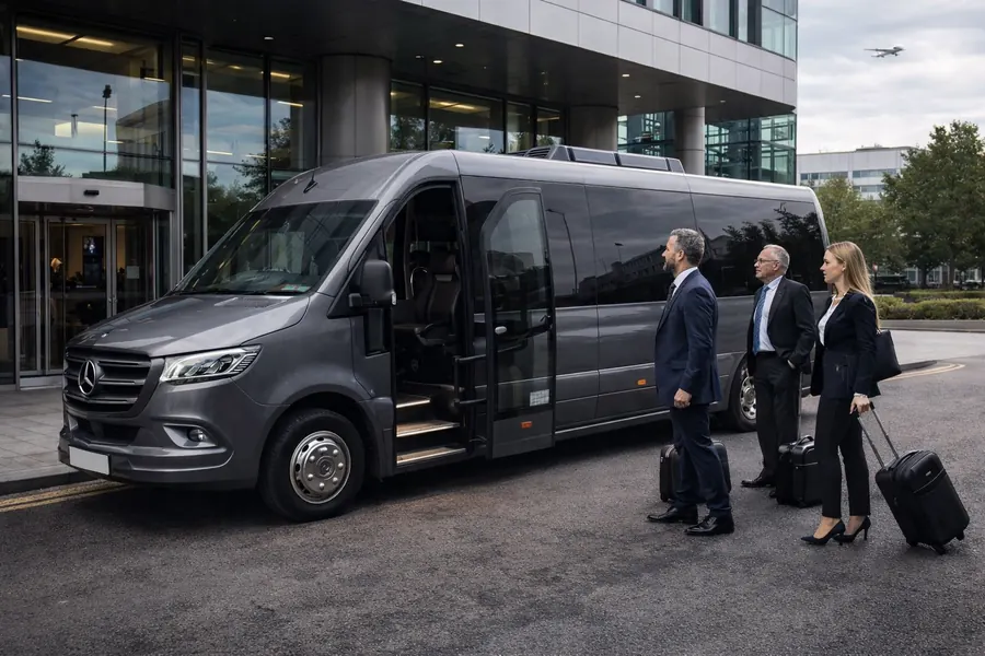 A grey Mercedes van with its side door open; three business travelers with rolling suitcases approach for a ride outside a modern office building.