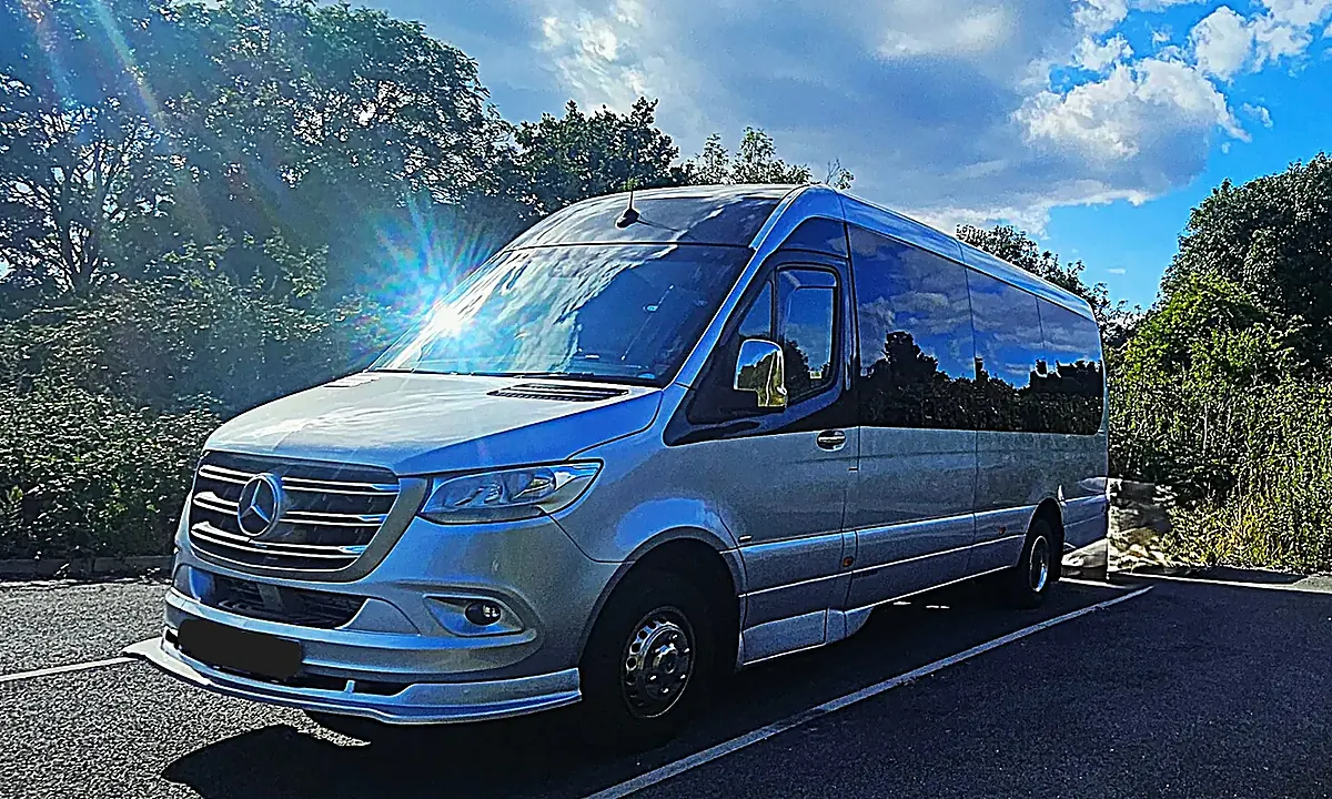 White Mercedes-Benz passenger van parked in a parking lot with trees and a blue sky in the background, sun glare on the windshield.
