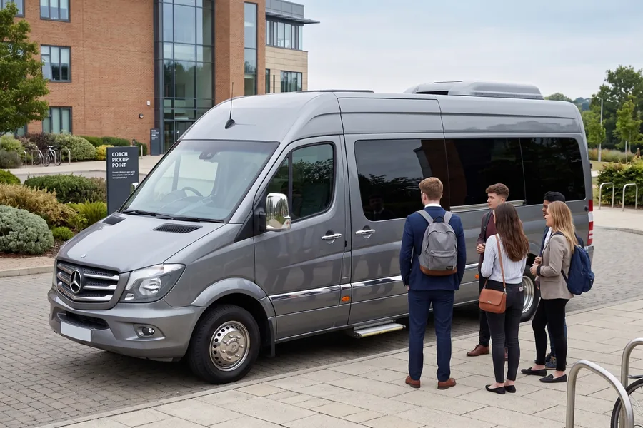 Gray Mercedes van parked on campus as students with backpacks wait nearby for pickup at the coach point far from the building entrance of a brick campus building.