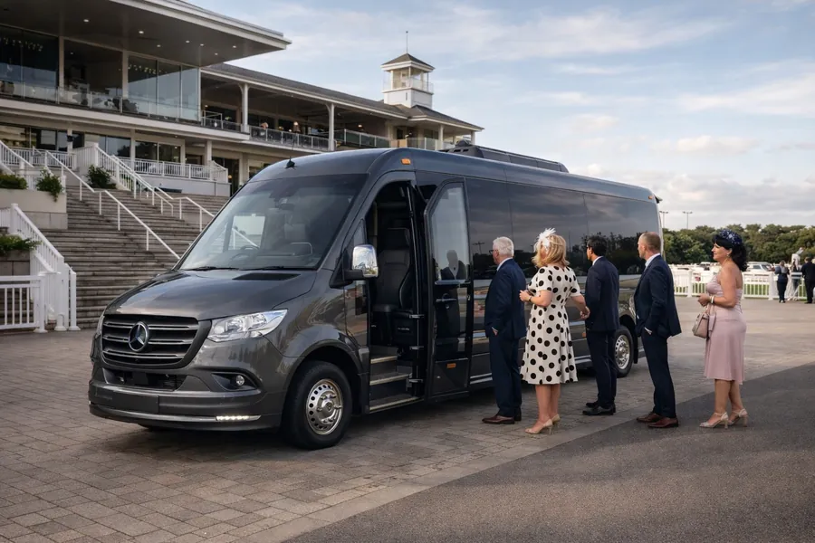 Grey passenger van with open side door as a line of formally dressed people boards at an upscale event venue.