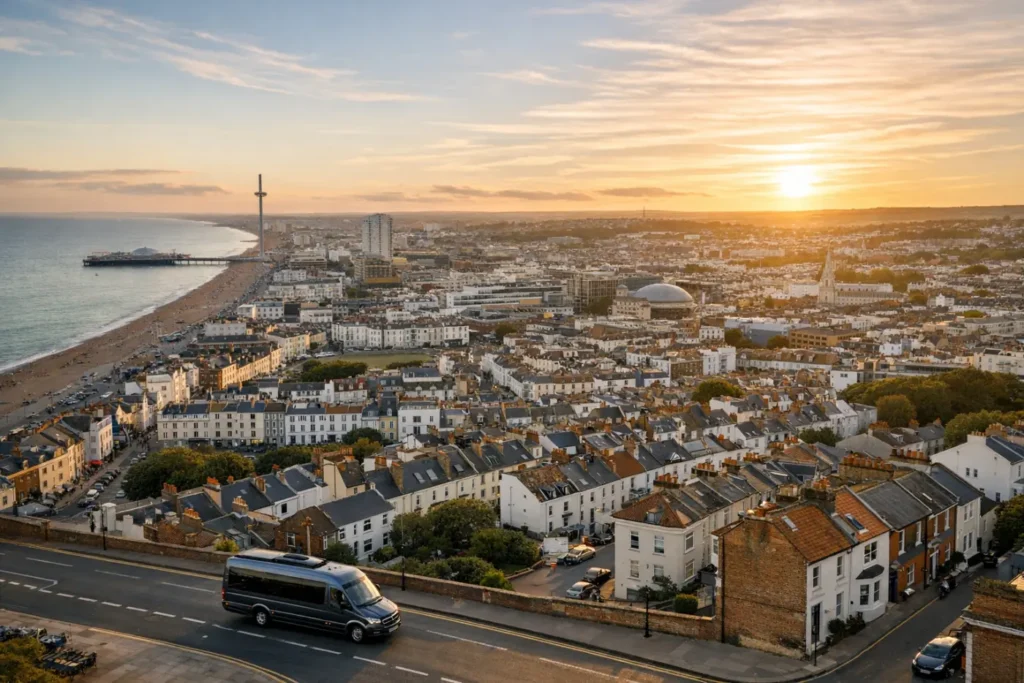 Executive minibus at Brighton seafront for Heathrow airport transfer