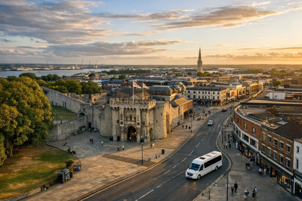 Executive minibus at Southampton cruise terminal for Heathrow airport transfer