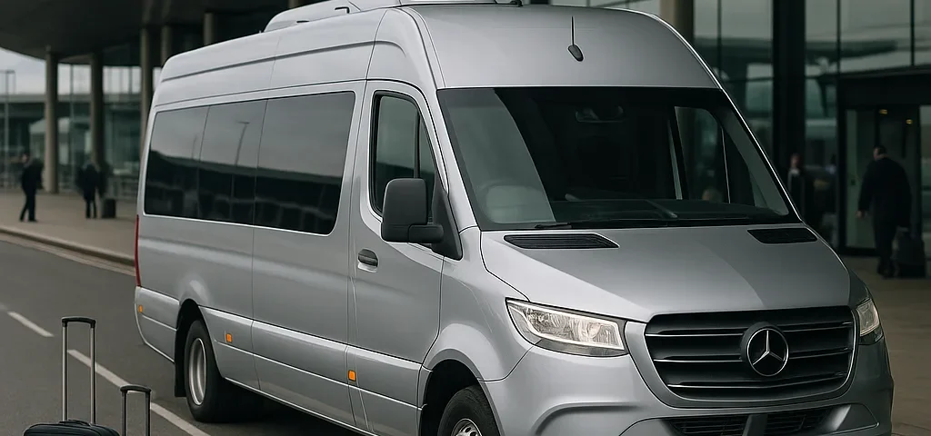 Silver executive minibus parked at kerb with luggage in foreground, ready for Heathrow airport transfer