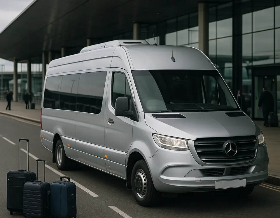 Silver executive minibus parked at kerb with luggage in foreground, ready for Heathrow airport transfer