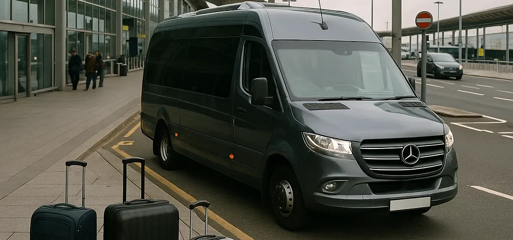 Executive minibus driver monitoring flight arrivals at Heathrow Airport terminal with live tracking system