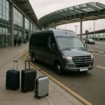 Executive minibus driver monitoring flight arrivals at Heathrow Airport terminal with live tracking system