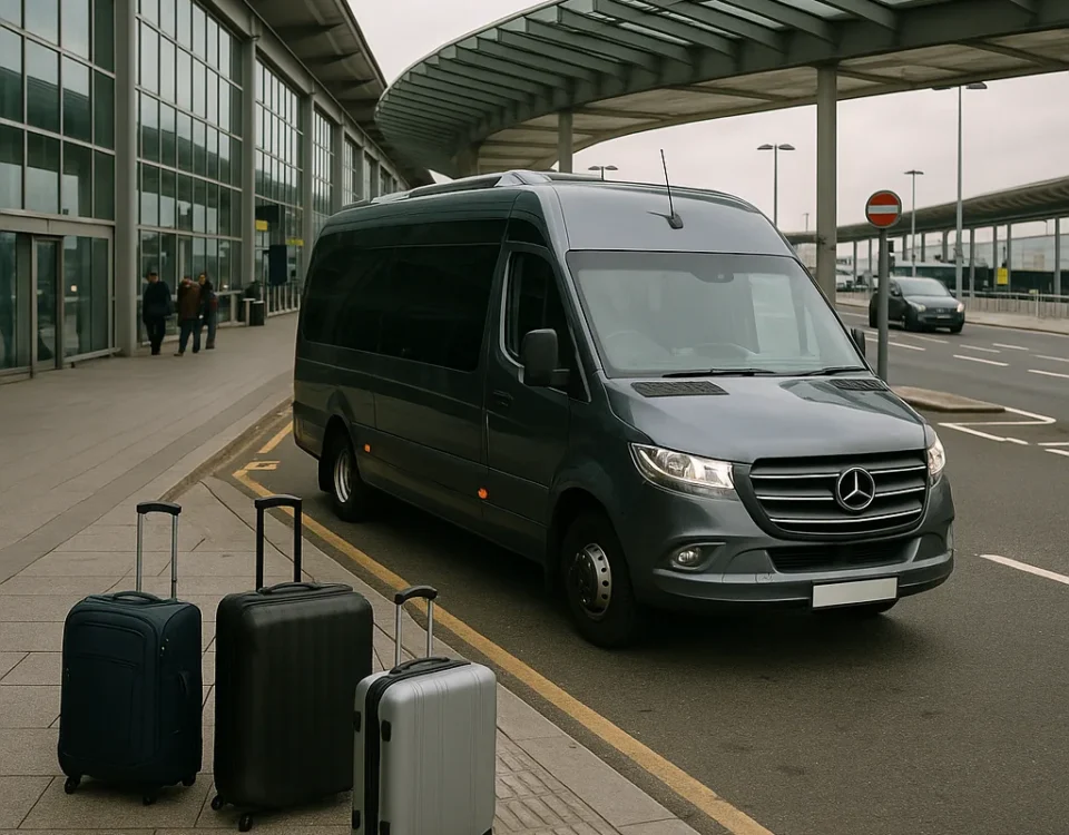 Executive minibus driver monitoring flight arrivals at Heathrow Airport terminal with live tracking system