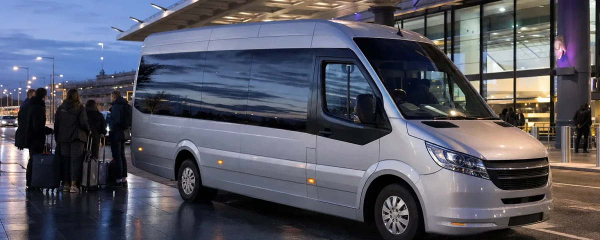 Coach park at Heathrow Airport with multiple minibuses and coaches parked for group pickups