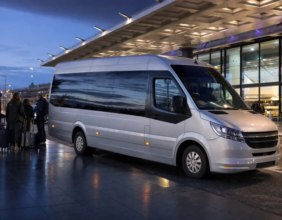 Coach park at Heathrow Airport with multiple minibuses and coaches parked for group pickups