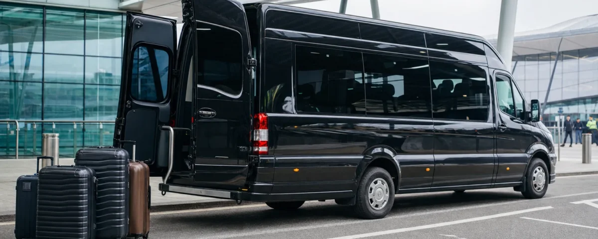Executive minibus boot open showing large luggage compartment at Heathrow Airport terminal