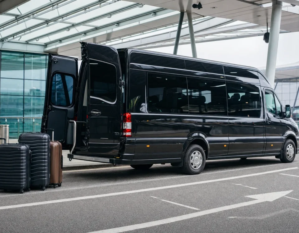 Executive minibus boot open showing large luggage compartment at Heathrow Airport terminal