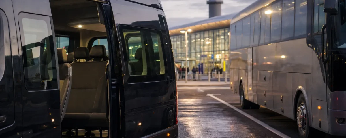 Executive minibus and coach parked at Heathrow Airport showing size difference for group hire
