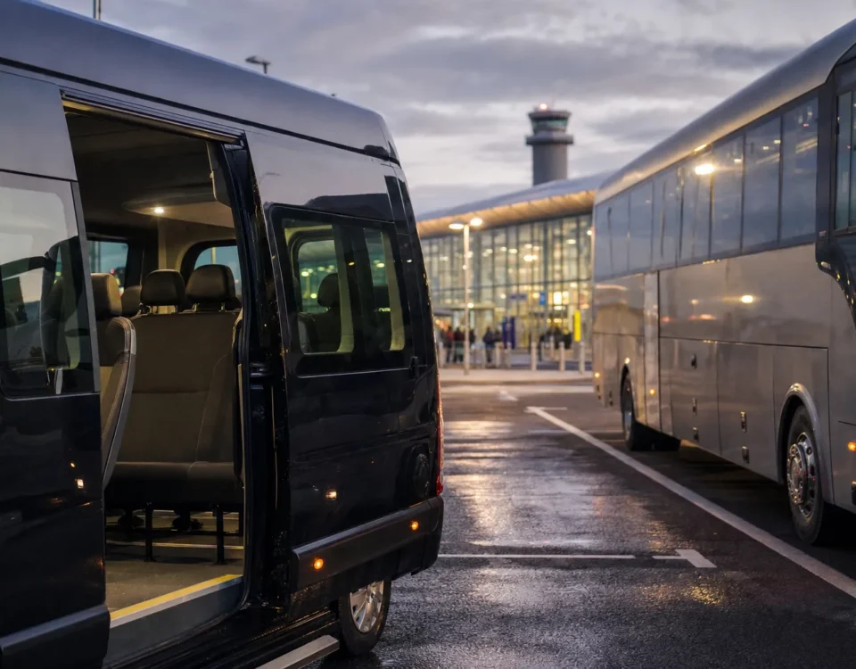 Executive minibus and coach parked at Heathrow Airport showing size difference for group hire