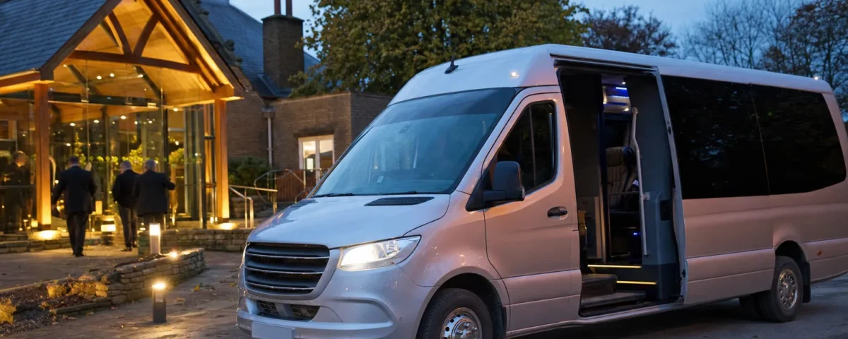 Executive minibus with professional driver parked at Heathrow Airport ready for group transfer