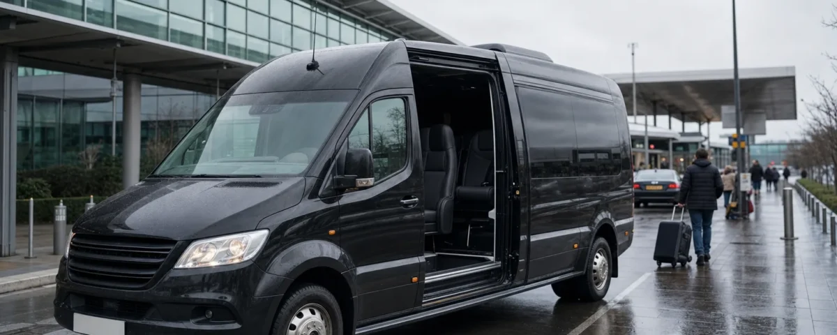 Selection of minibuses in different sizes parked at Heathrow with driver checking group capacity requirements