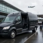 Selection of minibuses in different sizes parked at Heathrow with driver checking group capacity requirements