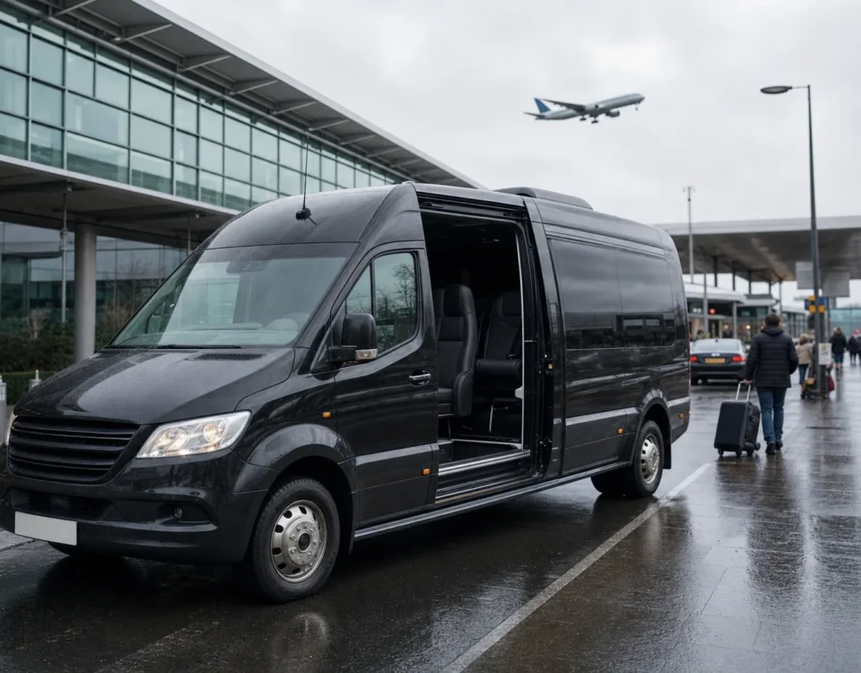 Selection of minibuses in different sizes parked at Heathrow with driver checking group capacity requirements