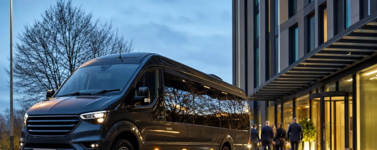 Luxury executive minibus interior with leather seats and climate control at Heathrow Airport
