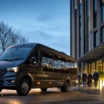 Luxury executive minibus interior with leather seats and climate control at Heathrow Airport