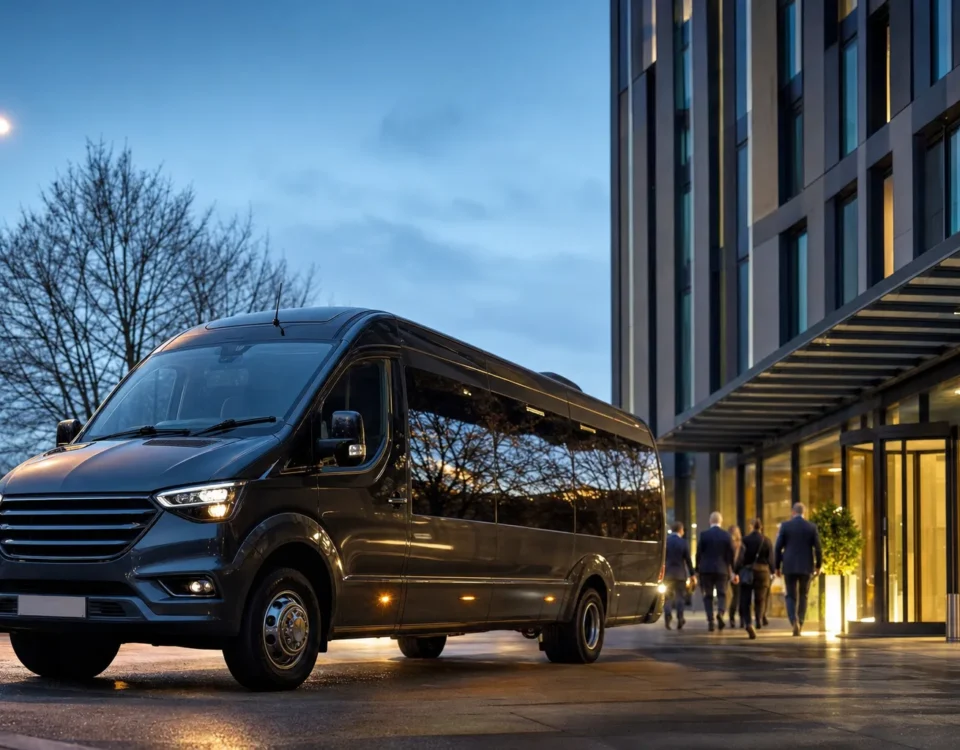 Luxury executive minibus interior with leather seats and climate control at Heathrow Airport