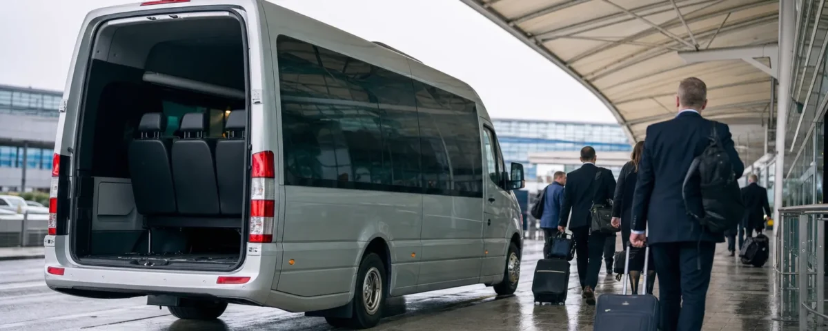 Executive minibus parked outside modern conference centre with business delegates boarding