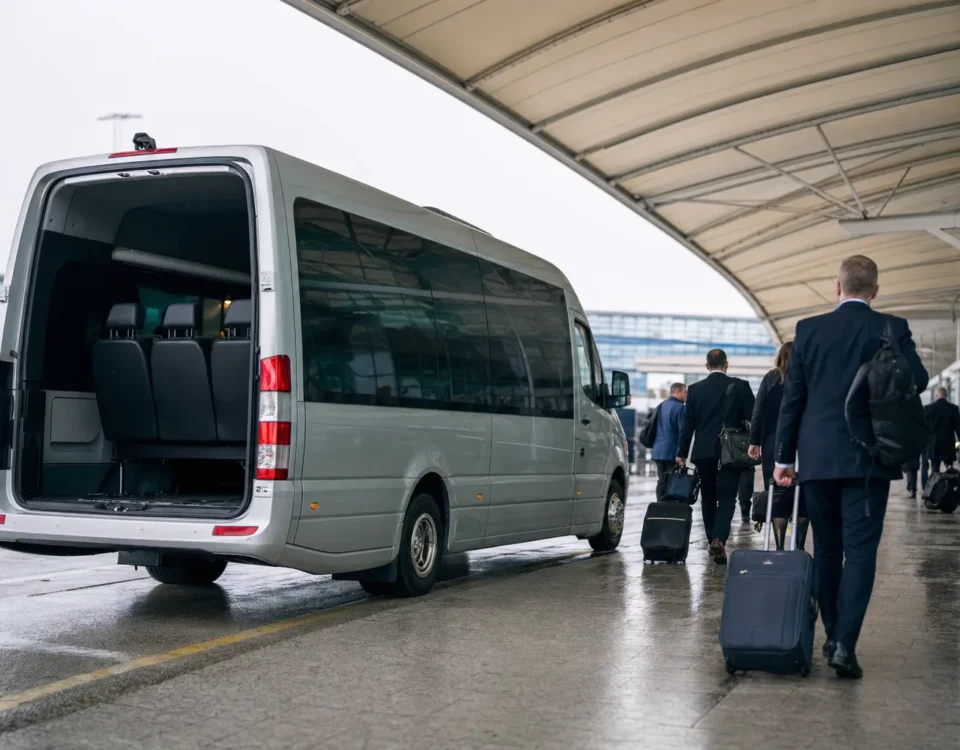 Executive minibus parked outside modern conference centre with business delegates boarding