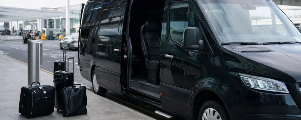 Executive minibus with corporate clients at Heathrow Airport terminal for professional client transfer service