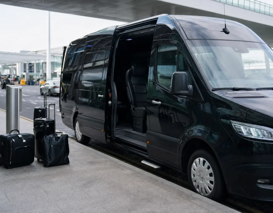 Executive minibus with corporate clients at Heathrow Airport terminal for professional client transfer service