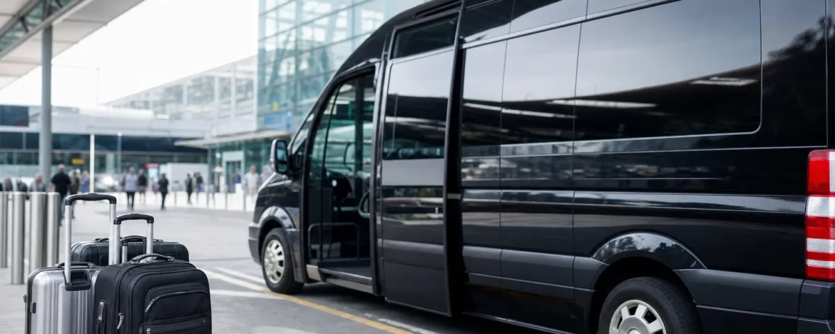 Executive minibus parked at Heathrow Airport with transparent pricing display showing fixed quote breakdown