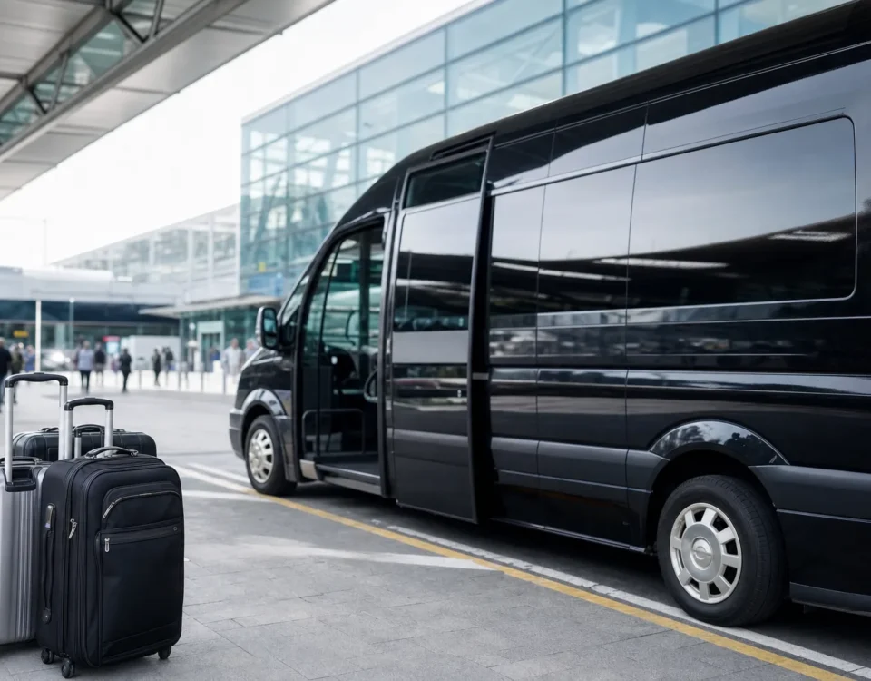 Executive minibus parked at Heathrow Airport with transparent pricing display showing fixed quote breakdown